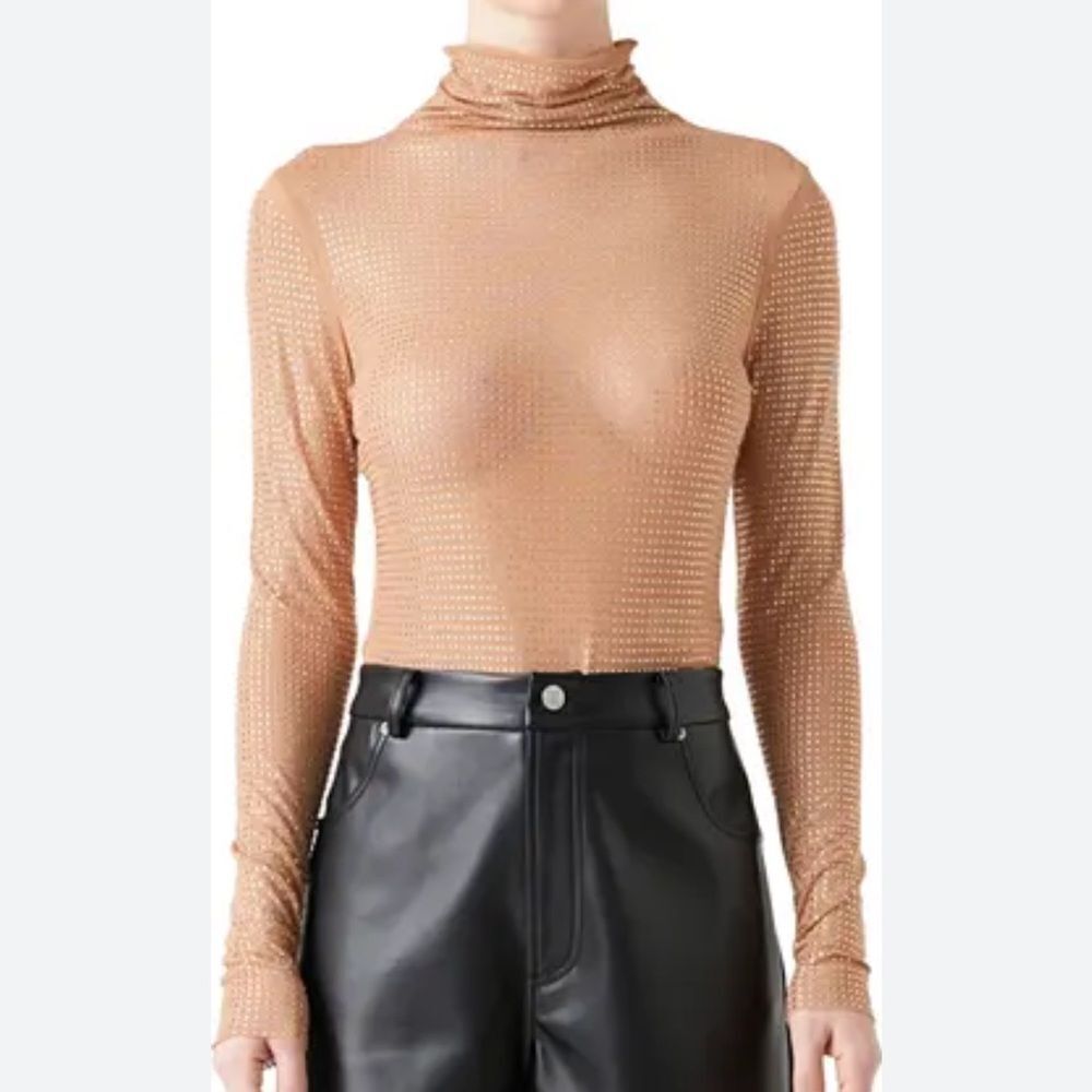 Grey Lab Embellished Tan Turtleneck Mesh Bodysuit(Size Medium)